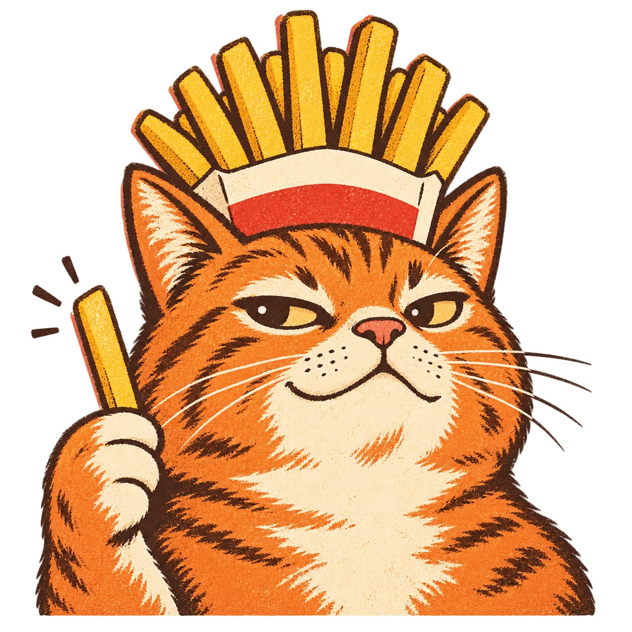 Smug orange tabby with a fan of fries above his head, holding one fry
